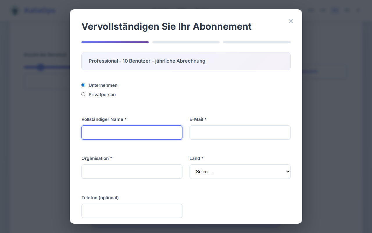Geben Sie Ihre Organisationsinformationen ein