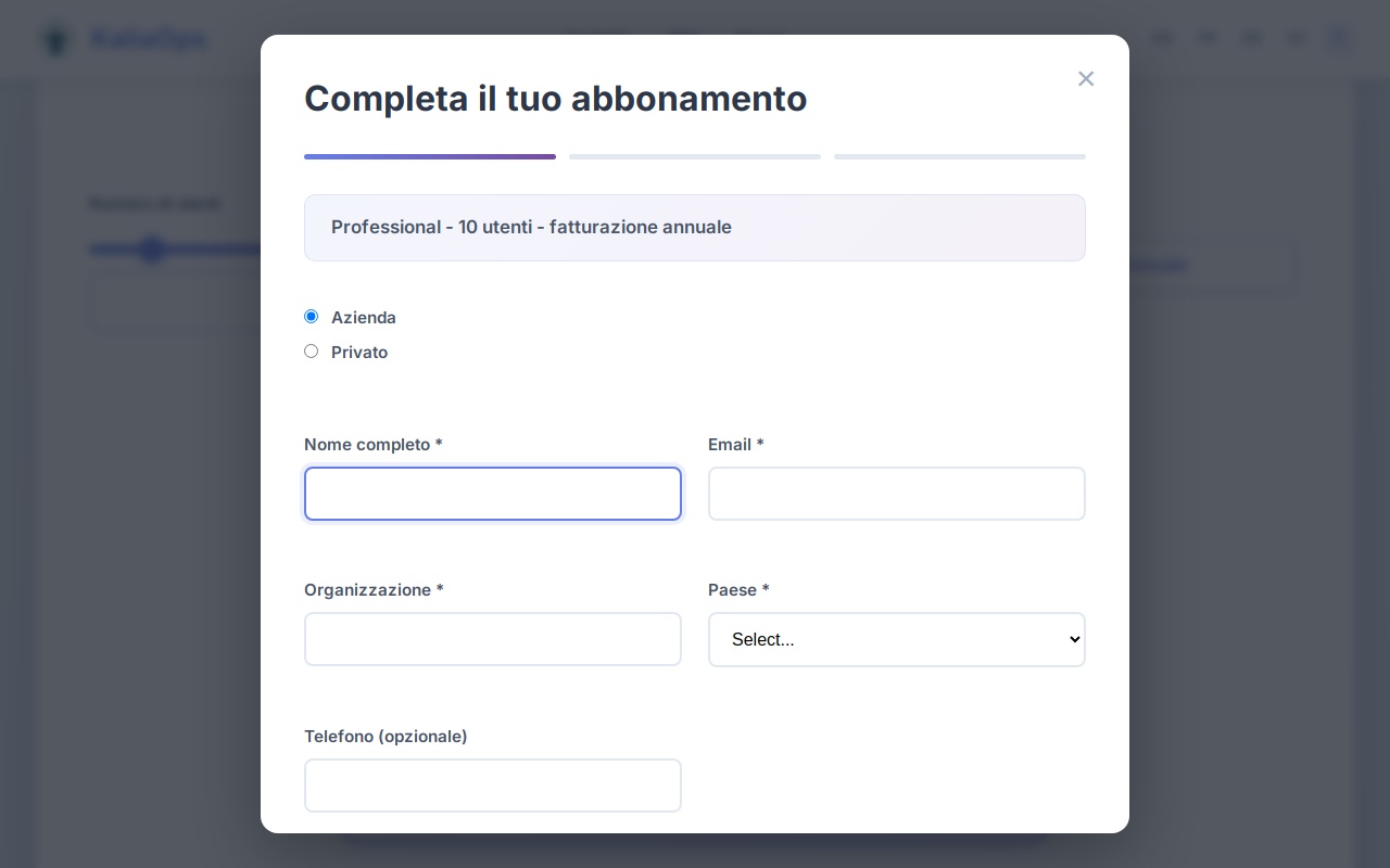 Inserisci le informazioni della tua organizzazione